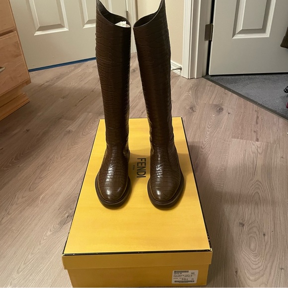 Fendi Croc-Embossed Leather Tall Boots - Picture 3 of 7